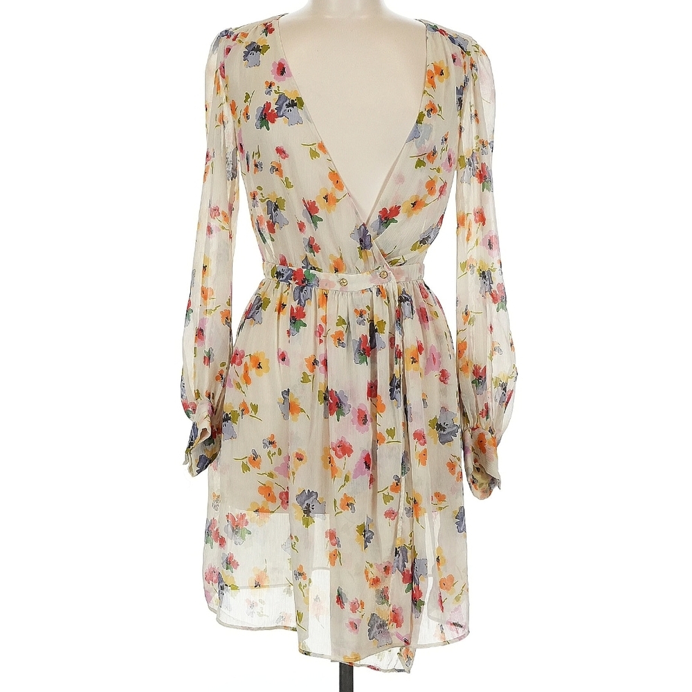 Zara Sheer Multicolor Floral Flowy Long Sleeve V-Neck Cinched Dress Medium